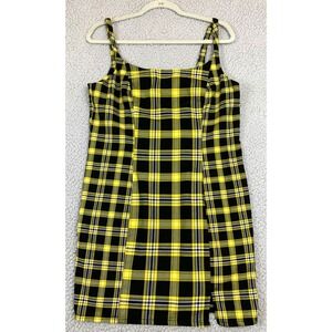 H&M Yellow Black Plaid Mini Dress Womens L Sleeveless Square Neck Grunge Punk